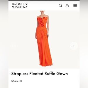 Badgley Mischka Strapless Pleated Ruffle Gown - Red Orange